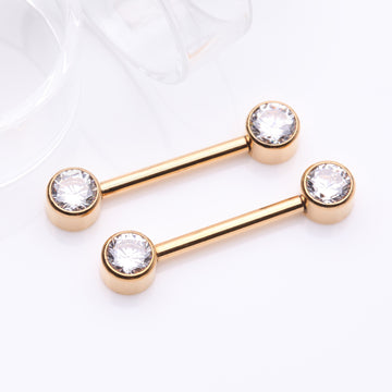 Detail View 1 of A Pair of Implant Grade Titanium Golden Bezel Set Sparkle Internally Threaded Nipple Barbell-Clear Gem